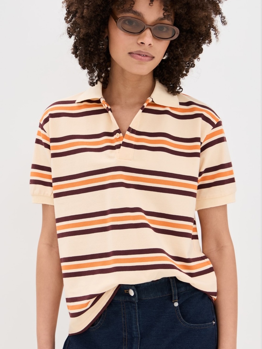 Lioness Striped Polo Top in Cream, Orange & Brown